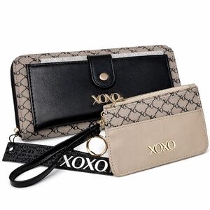 NWT XOXO 2pc Set Zip Card Case + Wristlet Long Wallet Black Beige Signature Logo